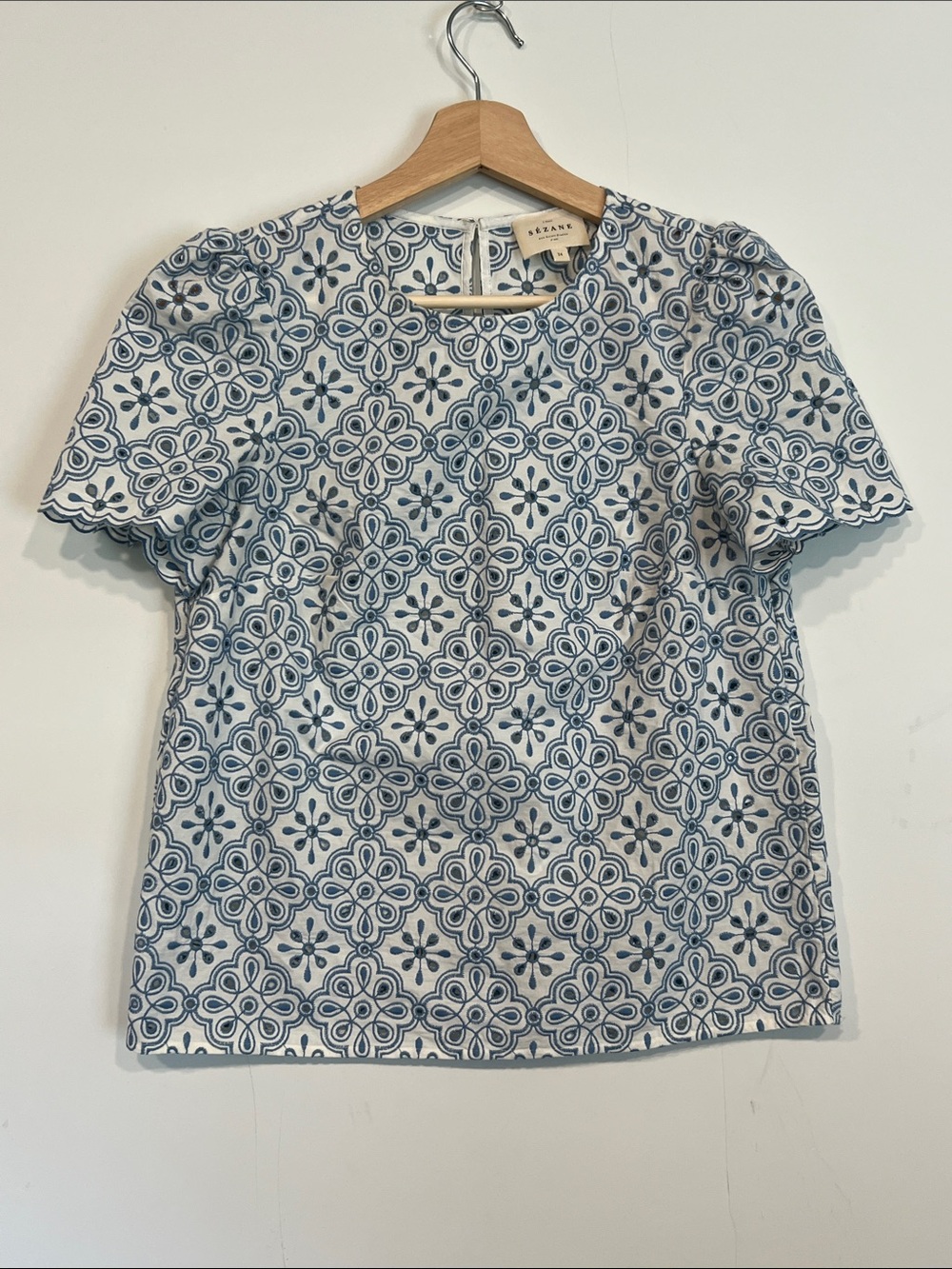Sezane Annabelle Blouse Contrasted Embroidery Ecru Vintage Blue Size 34 / US 2 - Picture 4 of 13